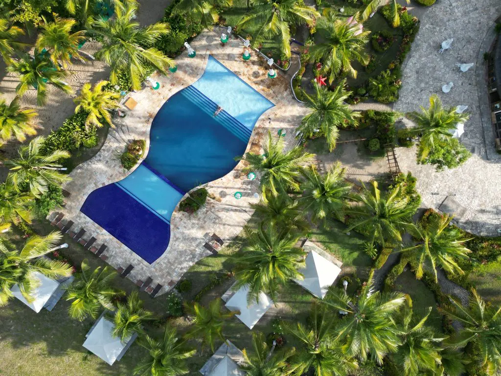 Piscina tropical rodeada de palmeras en Punta Cana