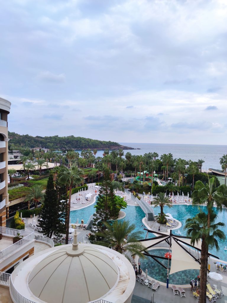 Palmeras y piscina en un alojamiento vacacional