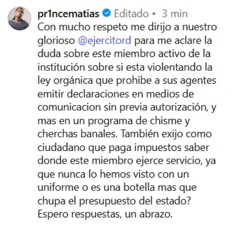 Texto de publicacion de Santiago Matias en sus redes