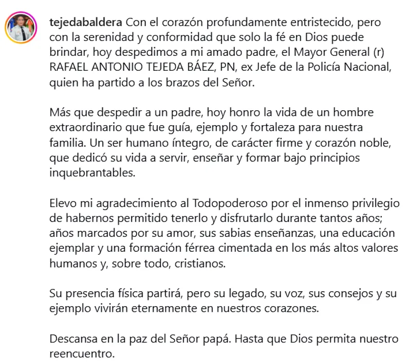 Comunicado de Rafael Tejeda Baldera hijo de Rafael Antonio Tejeda Báez