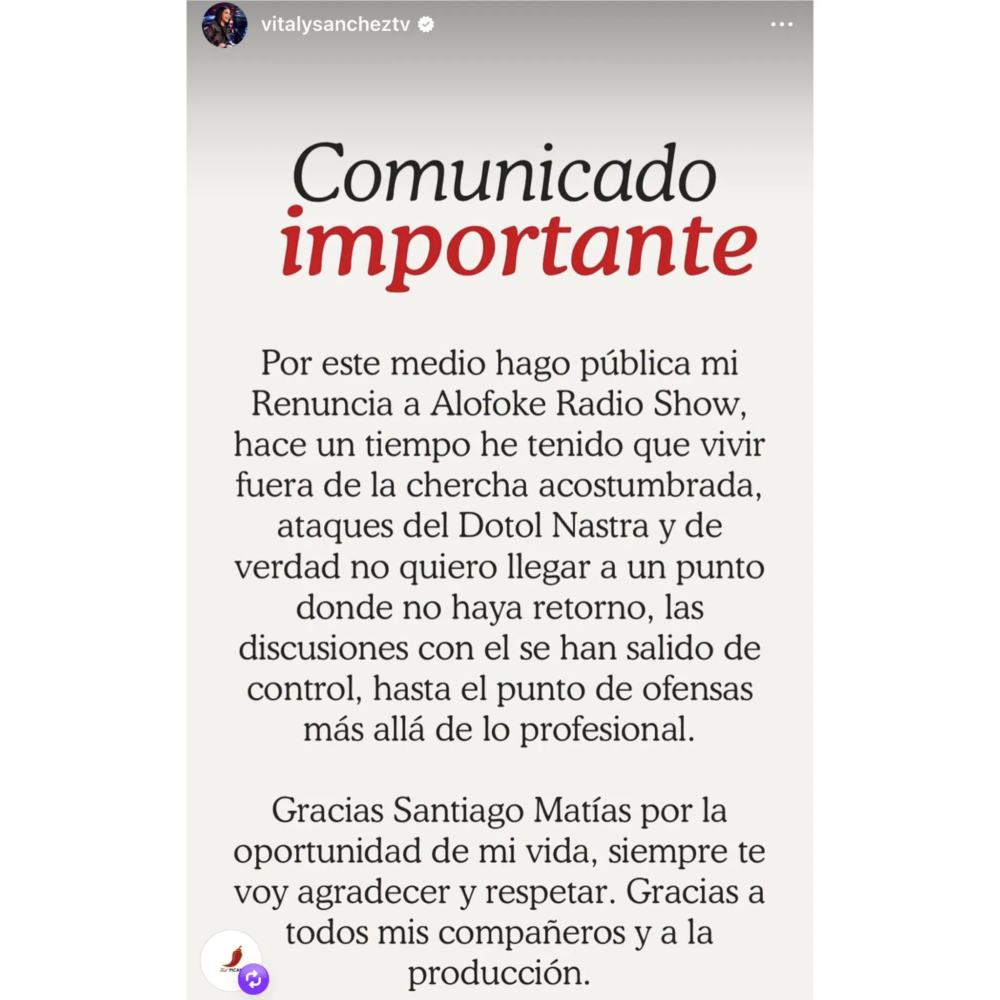 Comunicado de Vitaly en Instagram.