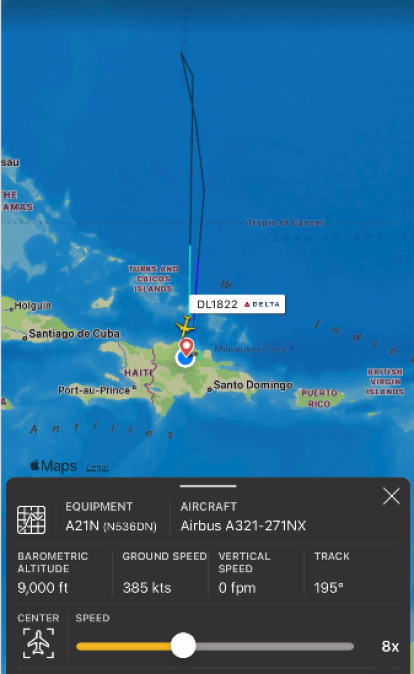 Trayectoria de la aeronave tras retorno a Republica Dominicana