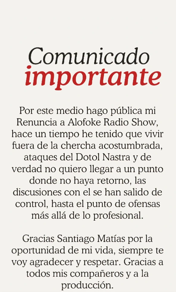Comunicado de Vitaly Sanchez