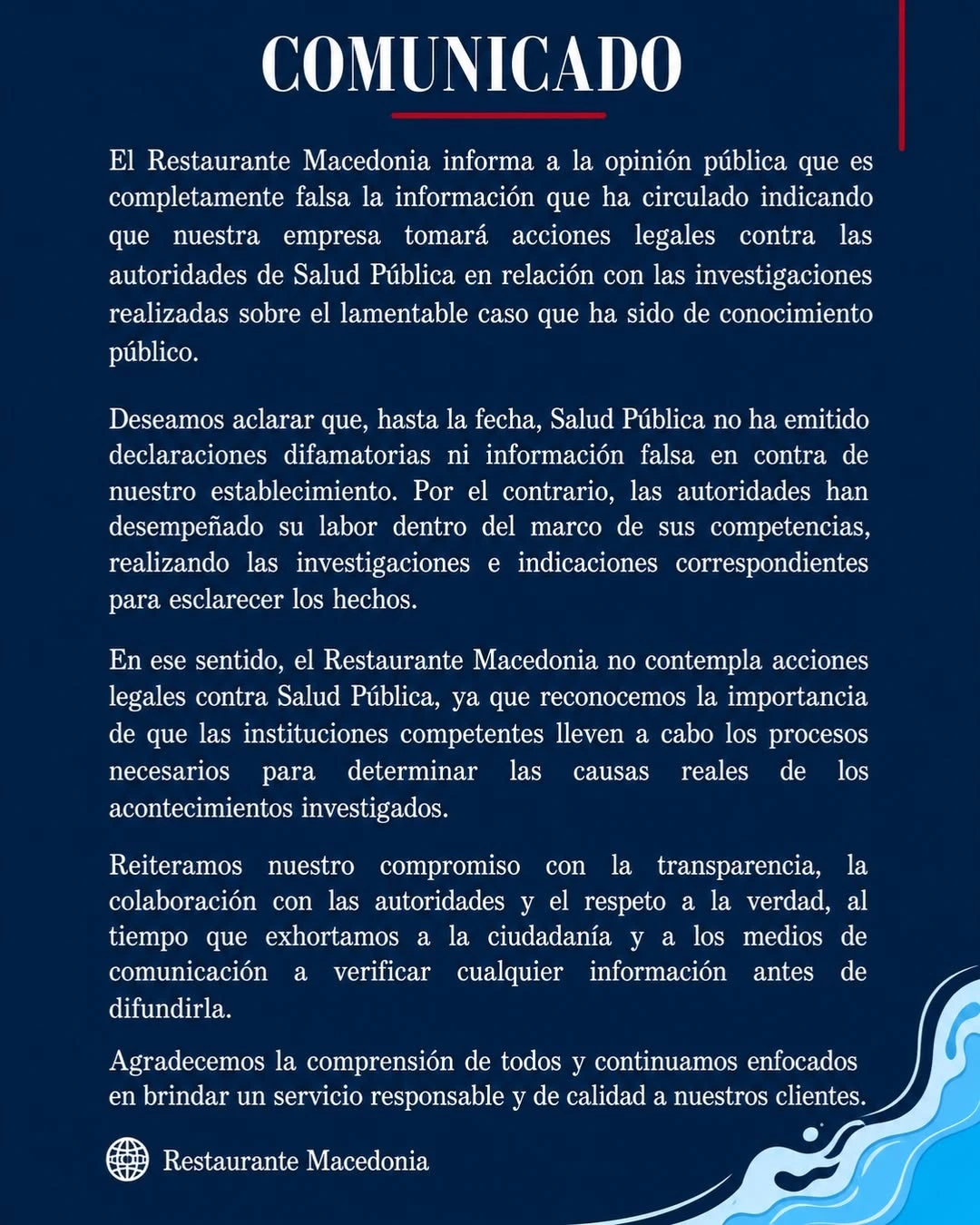 Comunicado emitido por Restaurante Macedonia