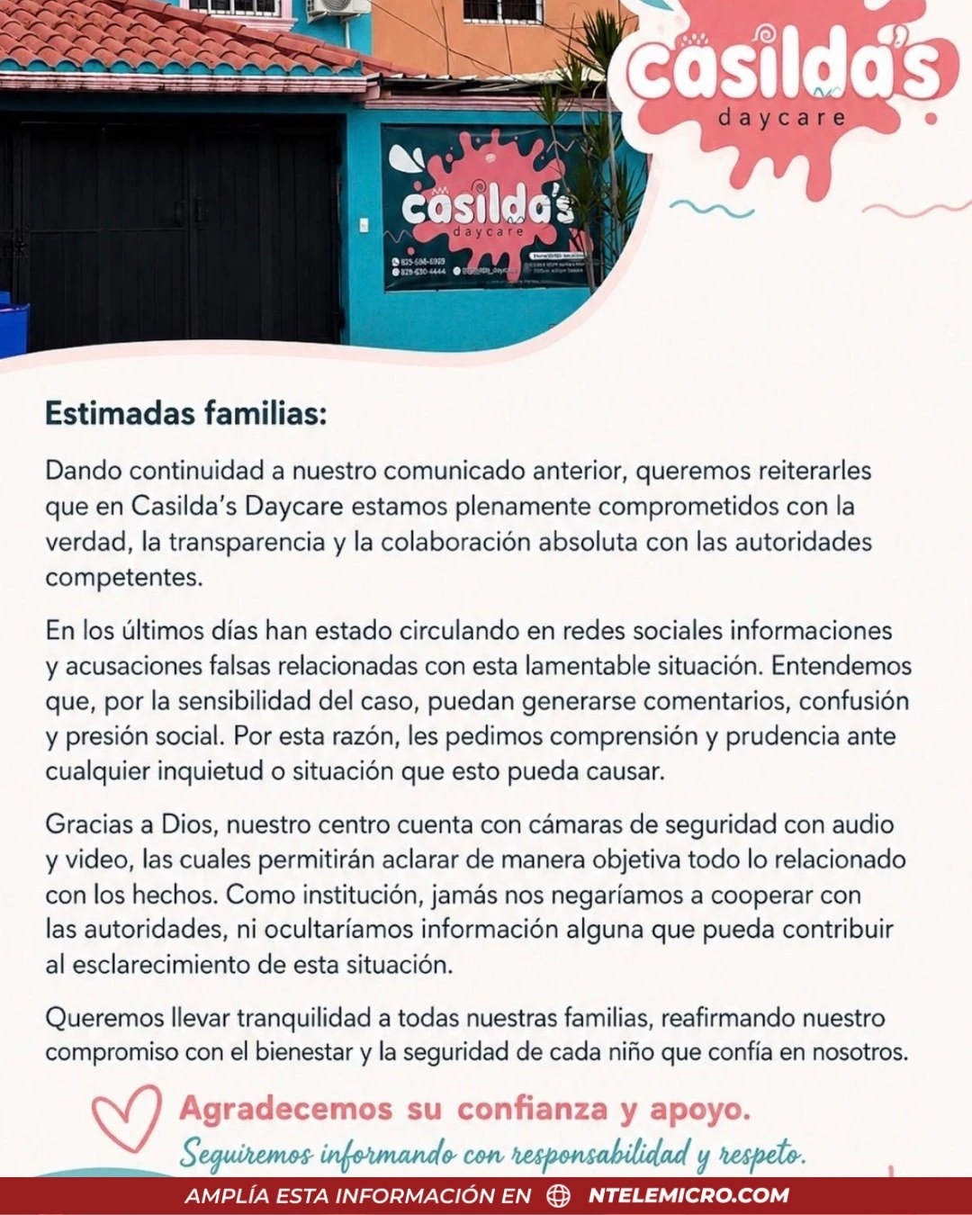 Comunicado de guarderia involucrada en suceso