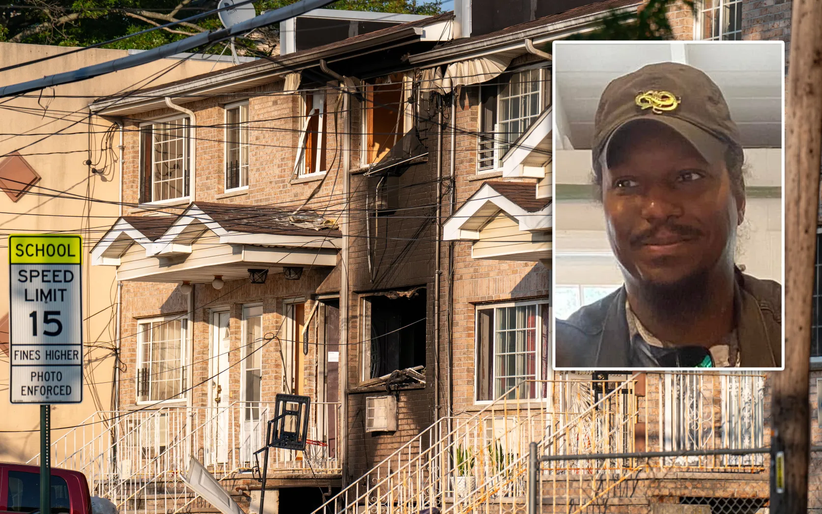 Agentes de la policía de Nueva York efectuaron proyectiles e hirieron al sospechoso Keegan Thompson (recuadro) en una vivienda de Queens, en Ocean Crest Blvd., cerca de Hartman Ln., en Far Rockaway, donde dos familiares del sospechoso fueron hallados sin signos vitales y se inició un incendio el sábado 25 de julio de 2026. (Theodore Parisienne / New York Daily News; Facebook)
