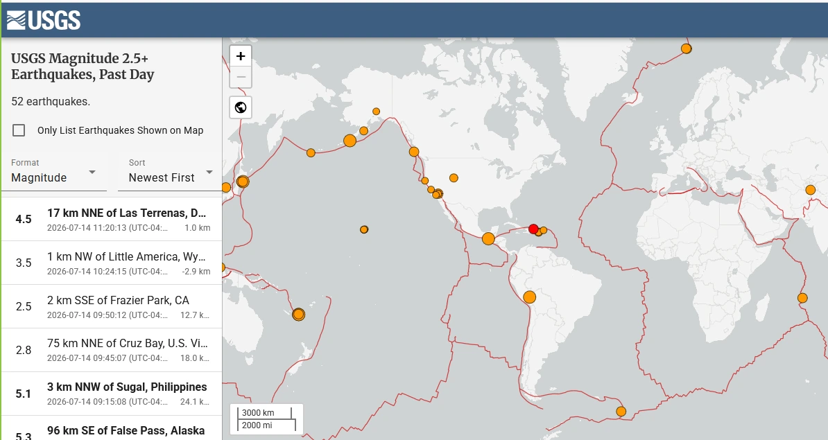 Registro del USGS con sismos de magnitud 2.5 o más durante el último día.