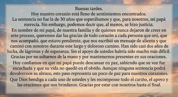 Comunicado enviado por Marilyn Polanco hija del fallecido