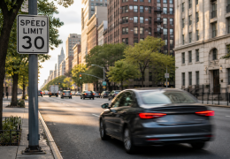 Automóvil circulando junto a una señal de límite de velocidad en Nueva York