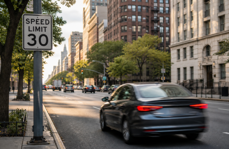 Automóvil circulando junto a una señal de límite de velocidad en Nueva York