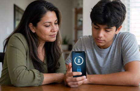 Madre conversa con su hijo adolescente sobre límites de uso del teléfono