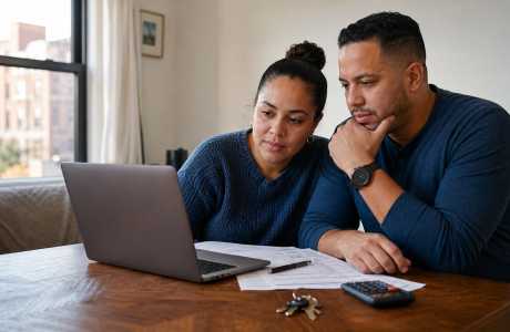 Pareja latina revisa una solicitud de vivienda asequible en Nueva York