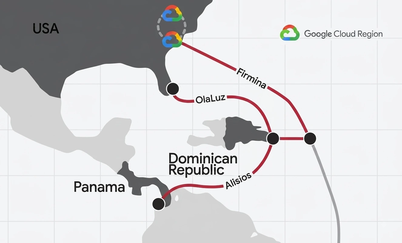 2 de 3 | Mar Caribe: En el mar Caribe, el cable Alisios desde Panamá hasta la República Dominicana se interconectará con un anillo desde la República Dominicana hacia la costa este de los EE. UU. y las regiones de Google Cloud en Carolina del Sur y Virginia.