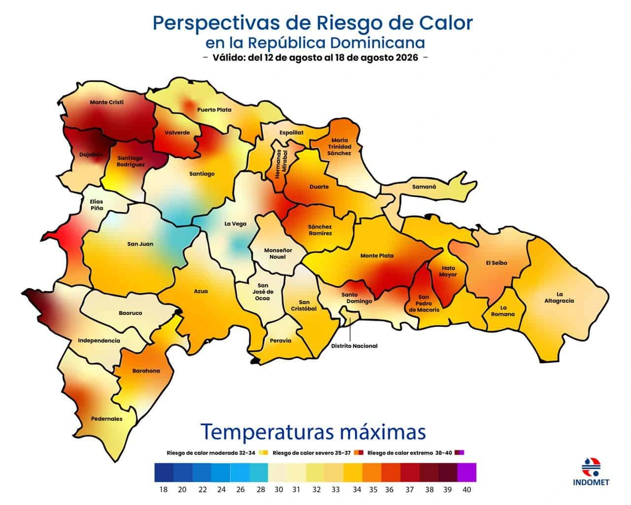 Mapa de provincias que experimentaran mas o menos aumento de temperaturas durante el 12 a 18 de agosto del 2026