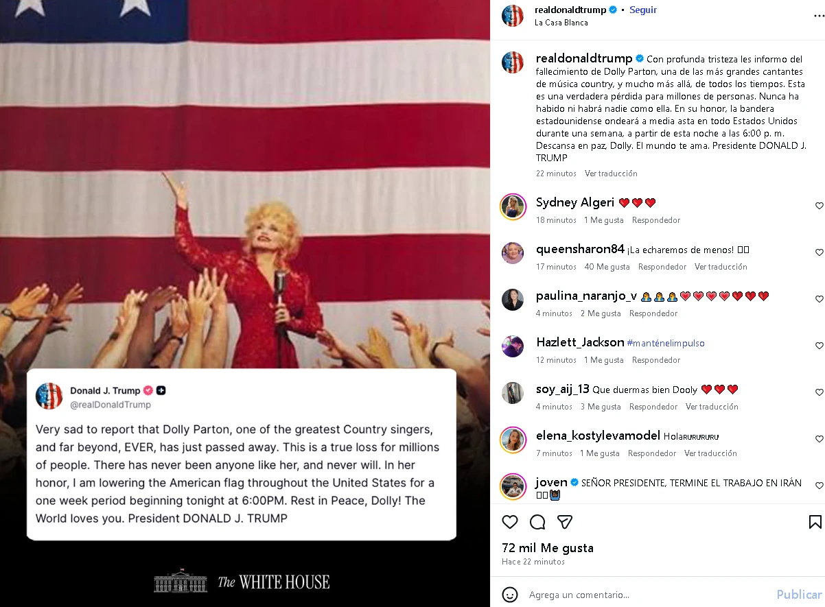 Publicacion del presidente de EE.UU. en nombre de dolly parton