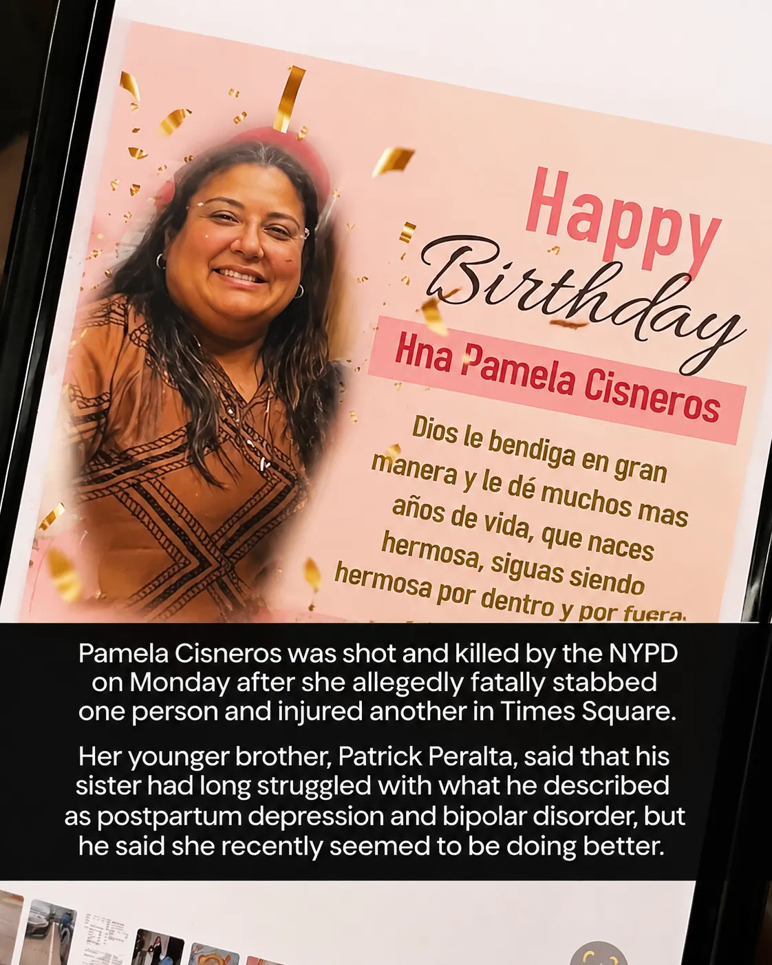 En la foto, sin fecha, aparece Pamela Cisneros, de 49 años. Cisneros dejó de vivir a manos de la policía tras un incidente con dos personas —una de ellas perdió la vida— en Times Square.
