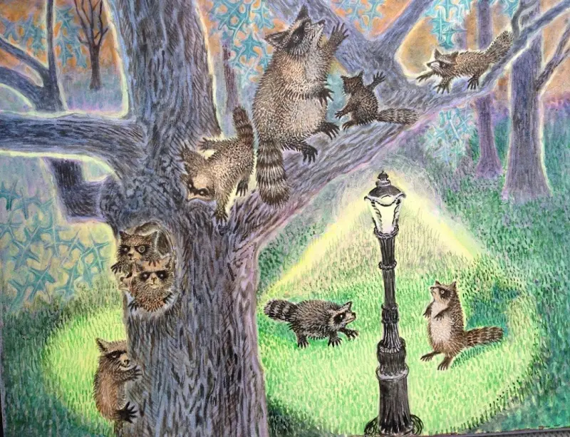 Ilustración de mapaches en un parque por la noche, titulada “Madre mapache y sus crías bajando del árbol cíclope 2016”.