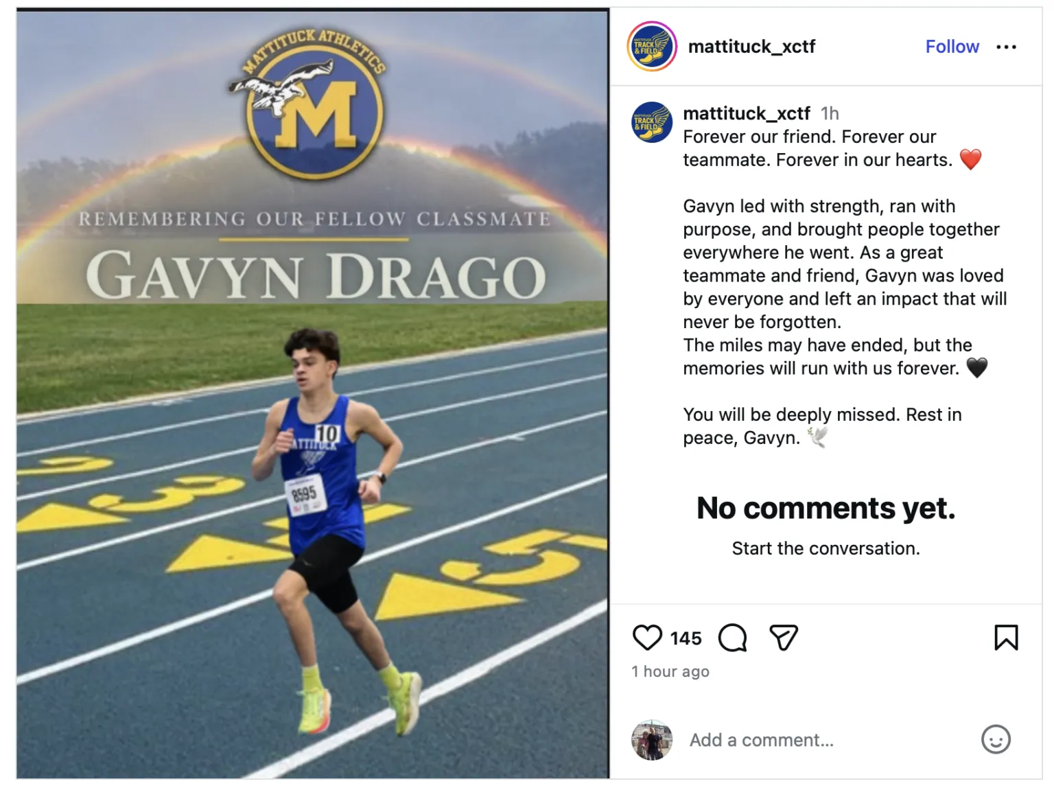 El equipo de atletismo de Mattituck recordó a Gavyn Drago en un homenaje publicado en Instagram el domingo, refiriéndose a él como "nuestro amigo" y "nuestro compañero de equipo". (Mattituck Track & Field/Instagram)