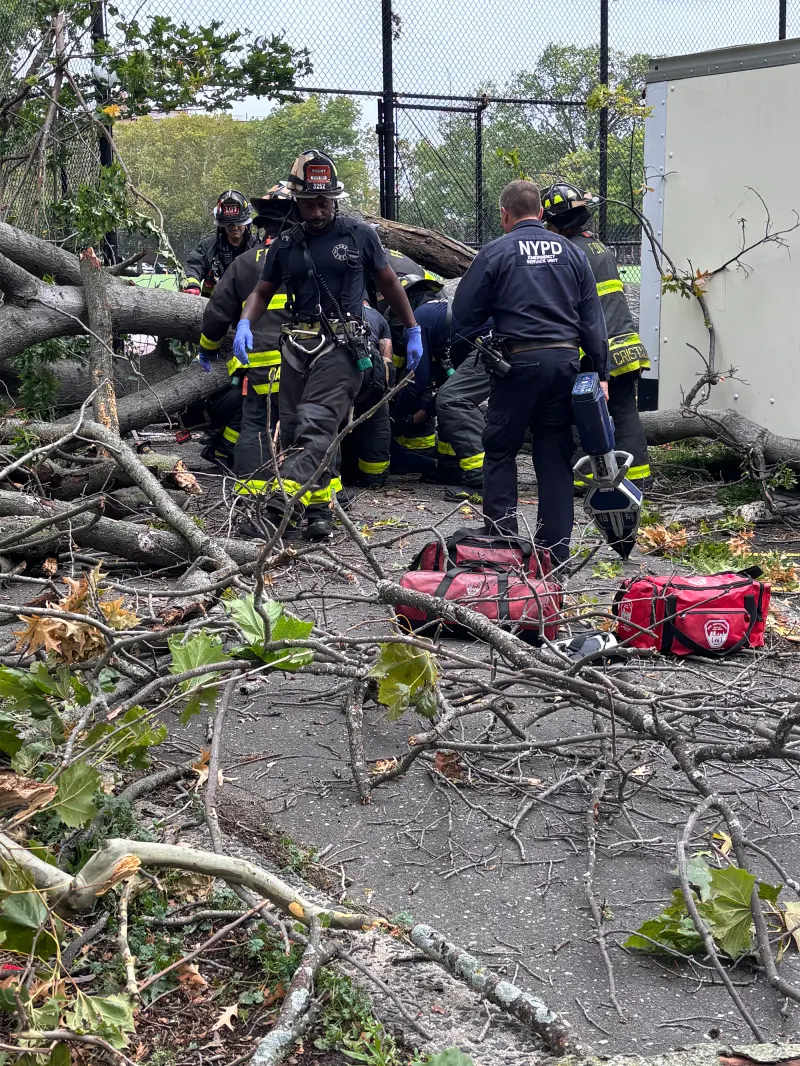 Los bomberos de Nueva York (FDNY) trabajan en el lugar del suceso tras la caída de un árbol sobre el operario de mantenimiento Leighton Brown.