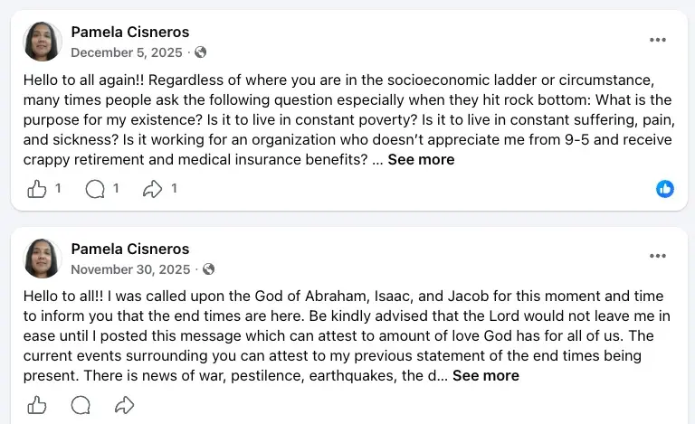 Una serie de publicaciones en Facebook de Cisneros, quien dejó sin signos a Erin Piacenti, de 32 años y residente de Chester, Nueva Jersey, en un incidente aleatorio en Times Square.