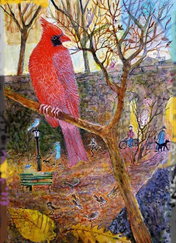 Un cuadro de Lee Rogers titulado “Cardenal en el sendero ecuestre el día que apareció la zarigüeya”.